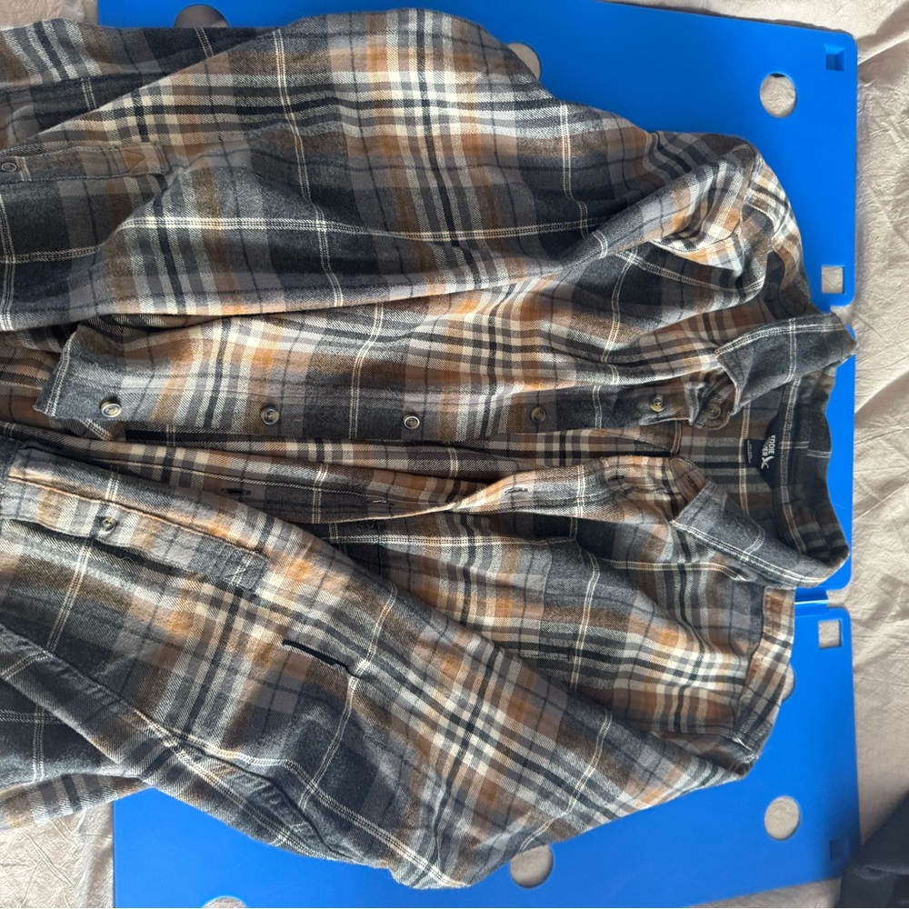 Eddie Bauer Gray and Tan Plaid Flannel Shirt